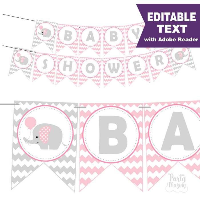 Pink Elephant Baby Shower Banner Editable Text Printable