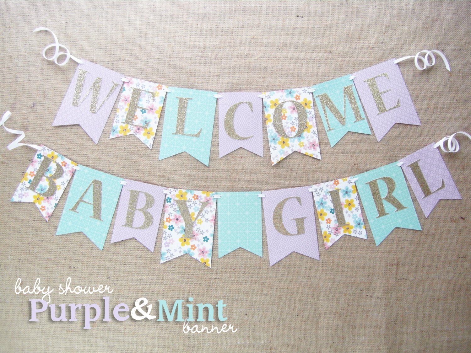 Purple Mint and Gold Baby Shower Banner Wel e Baby Girl