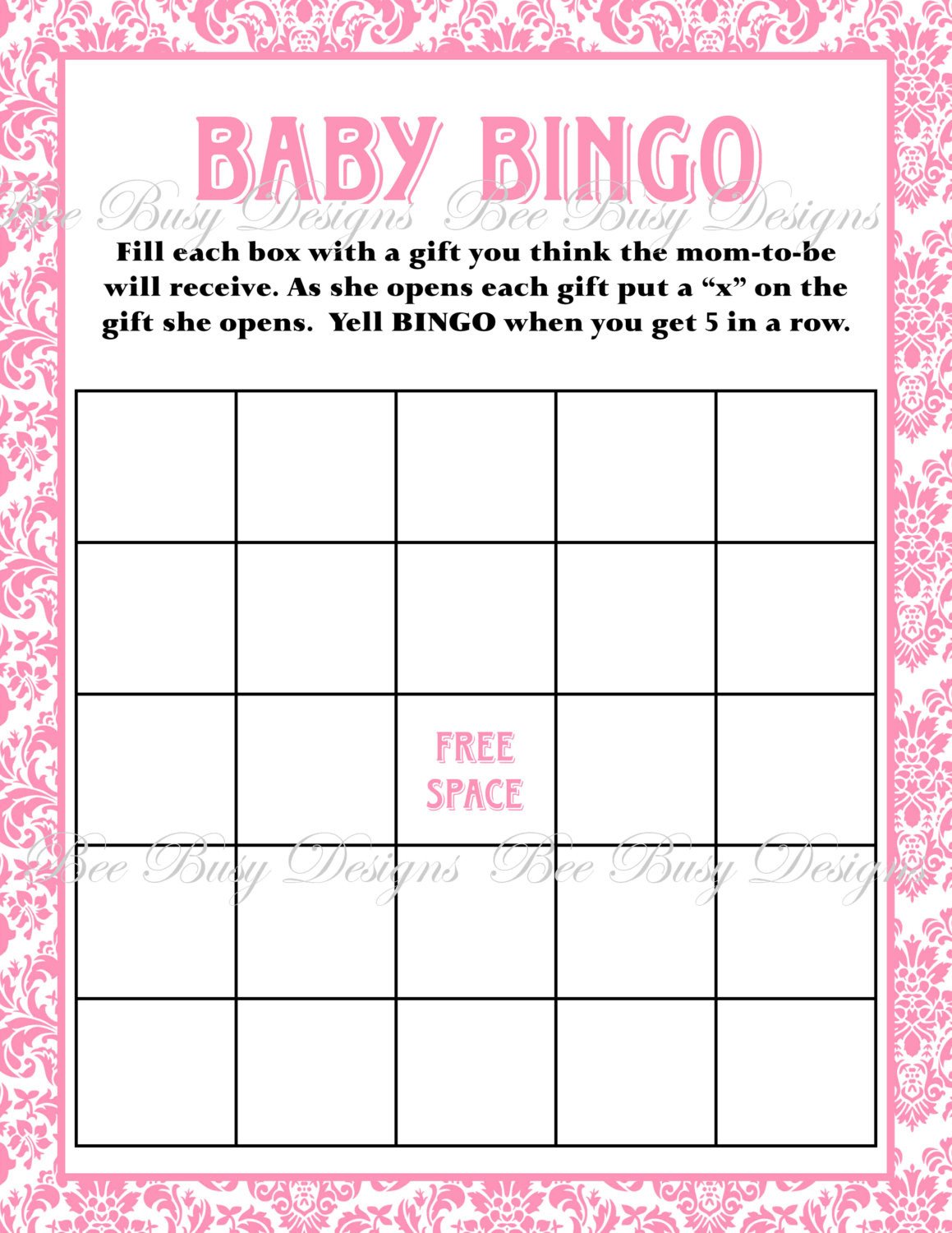 Printable Pink Damask Baby Shower Bingo Game
