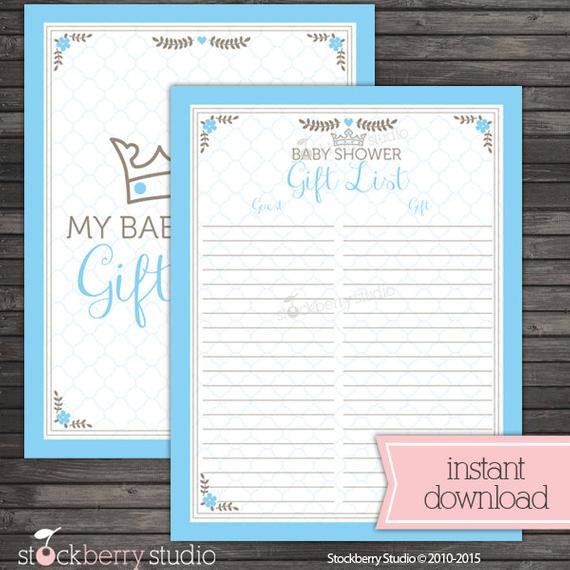 Prince Baby Shower Guest Gift List Printable Boy Baby Shower