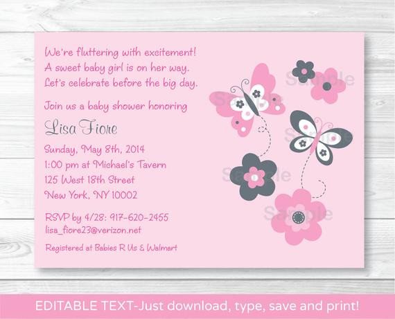 Pink Gray Butterfly Flowers Printable Baby Shower