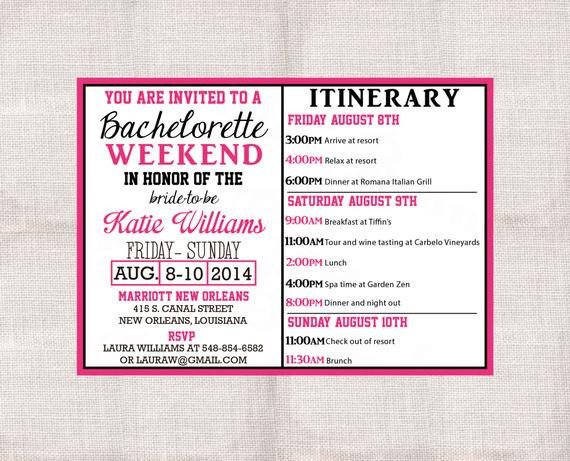 Bachelorette Party Weekend invitation and itinerary custom