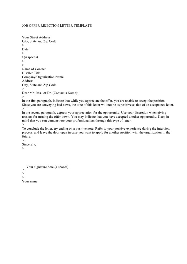Job rejection letter sample and template in Word and Pdf