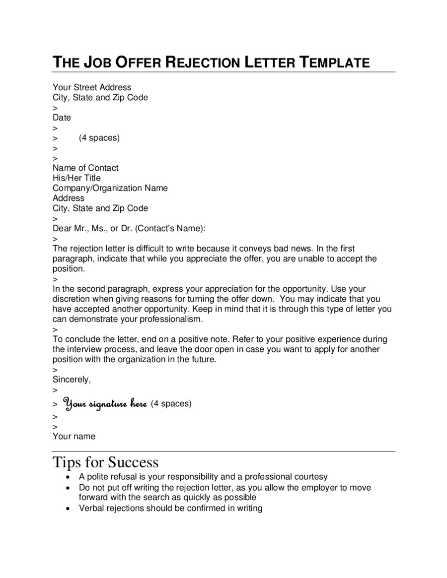 THE JOB OFFER REJECTION LETTER TEMPLATE Edit Fill Sign