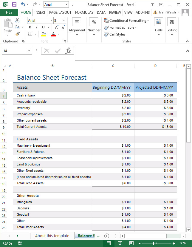 Excel Template – Balance Sheet Projected