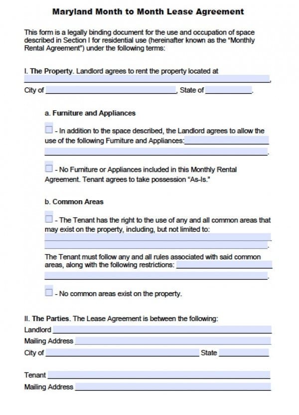 Free Maryland Month to Month Lease Agreement PDF