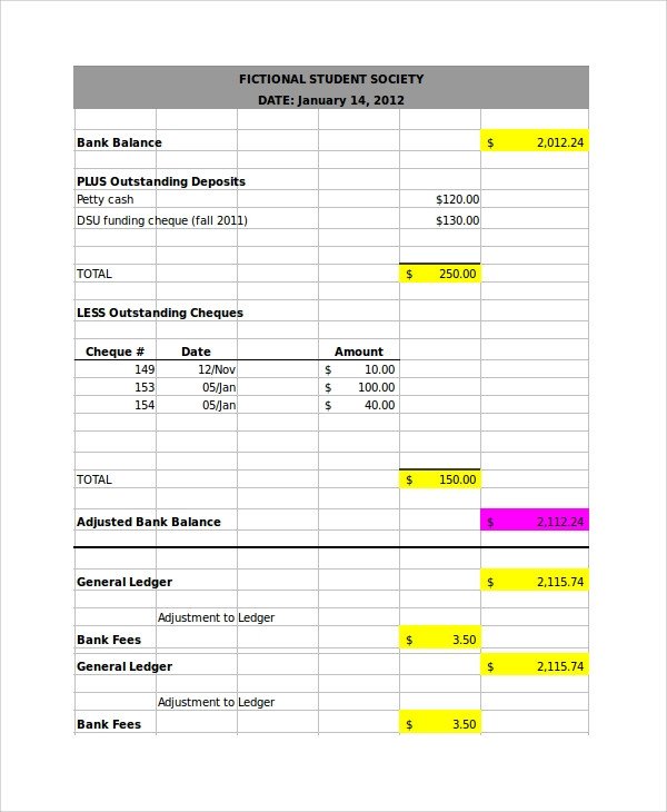 Bank Reconciliation Example 7 Samples in Word PDF Excel