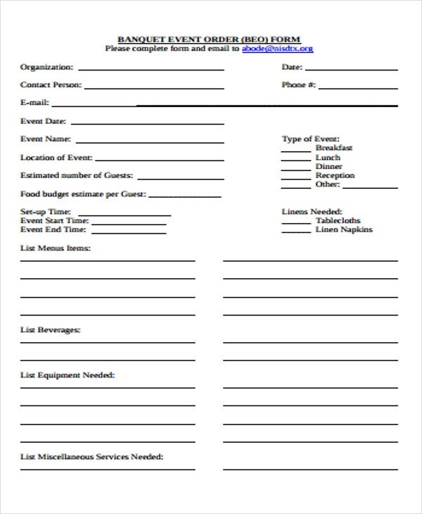 9 Event Order Forms Free Samples Examples Format
