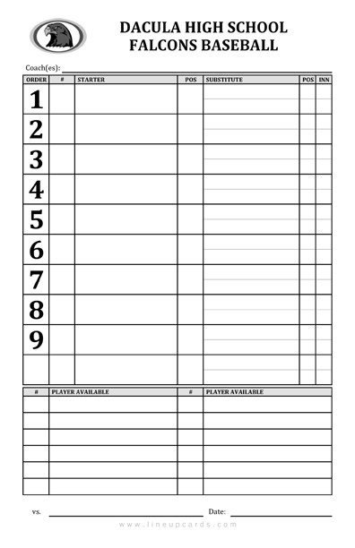 Baseball Lineup Card Template FREE DOWNLOAD Printable
