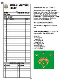 Baseball Softball Line Up Roster Card PDF for Coaches