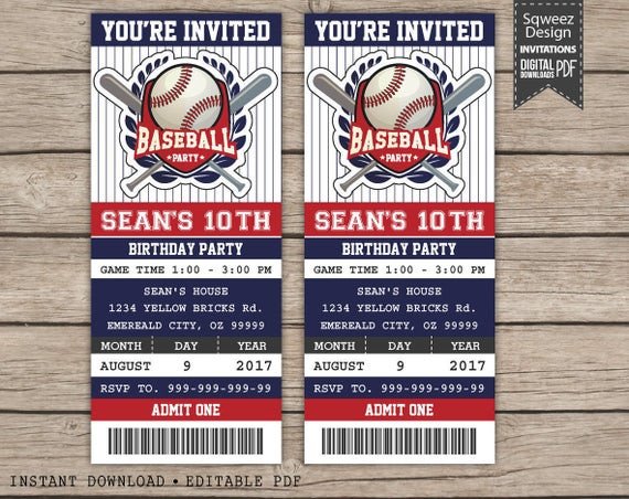 Baseball Birthday Invitation Baseball ticket invitation