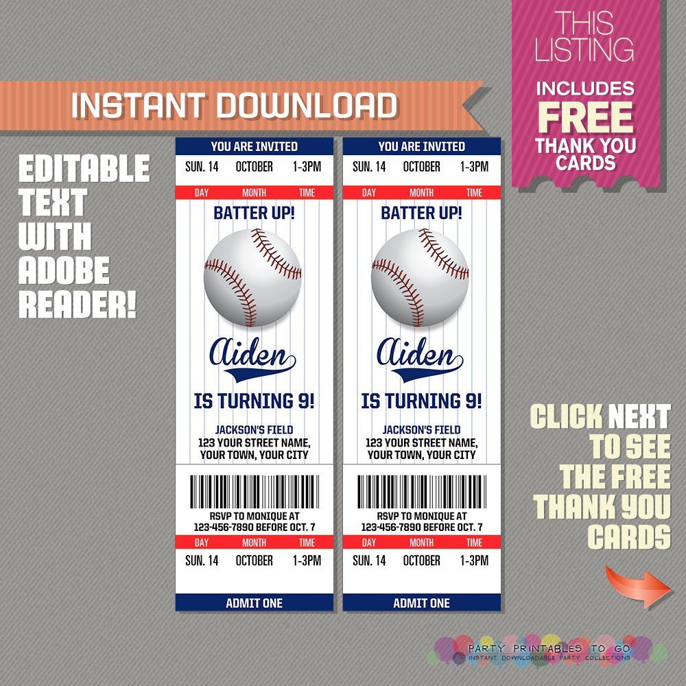 Baseball Ticket Invitation with FREE Thank you Card