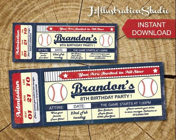 Instant Downlod Baseball Ticket Invitation printable Kid