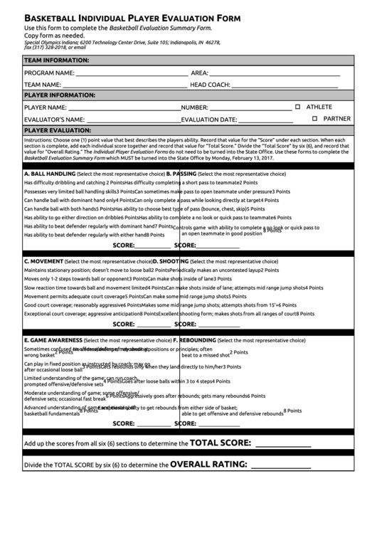 Basketball Individual Player Evaluation Form printable pdf