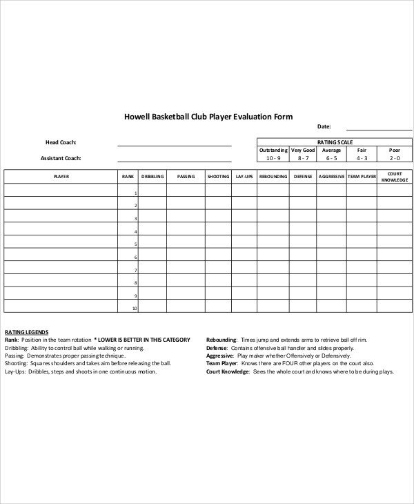 Sample Basketball Evaluation Form 10 Examples in Word PDF