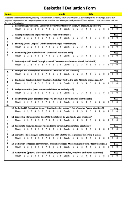 Top 10 Basketball Player Evaluation Form Templates free to