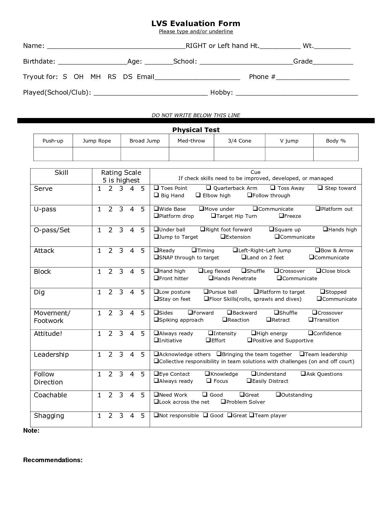Volleyball Tryout Evaluation Form Volleyball