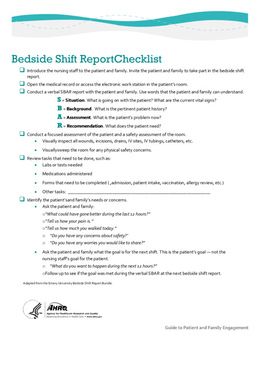 Bedside Shift Report Checklist printable pdf