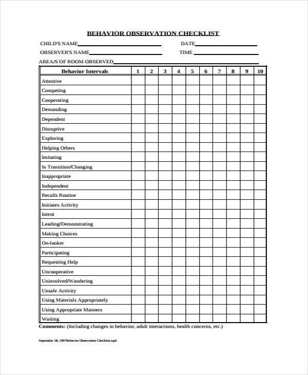 10 Behavior Checklist Templates Free PDF Word Format