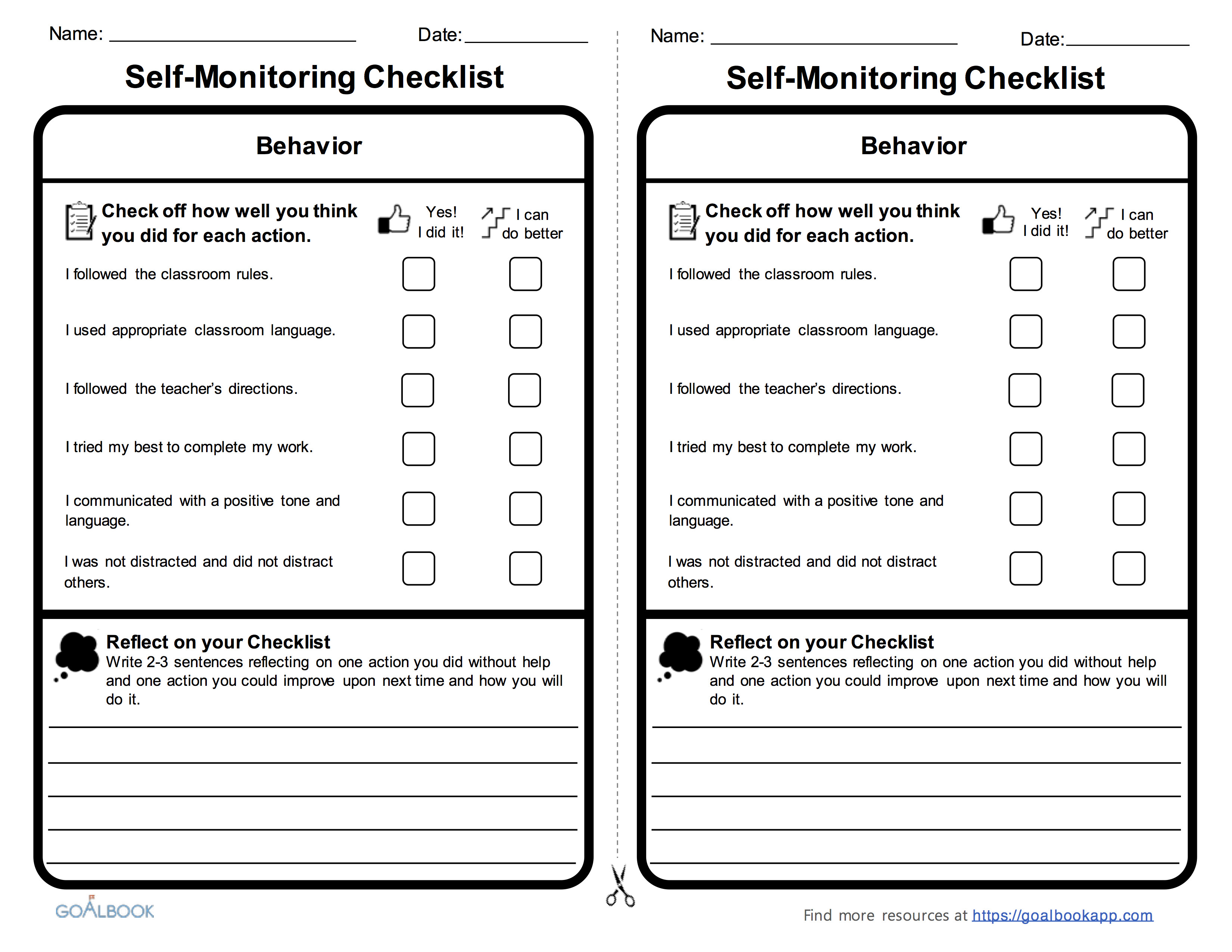 Academic Self Monitoring Checklist
