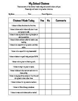 Behavior Checklist Student Choices by Katie Horvath