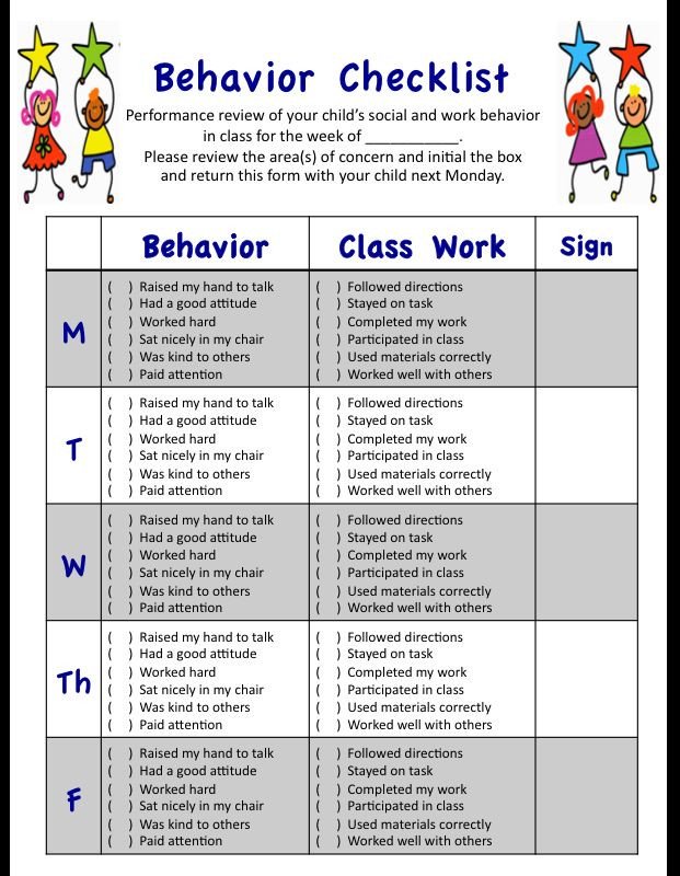 My weekly behavior checklist for students social and