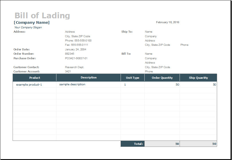Bill of Lading Template for MS EXCEL