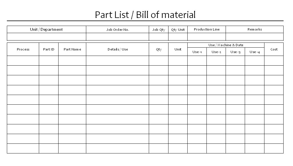 Bill of Material Part list Format