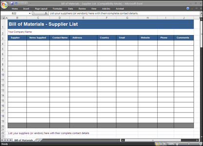 Bill of Materials Templates MS Word & Excel
