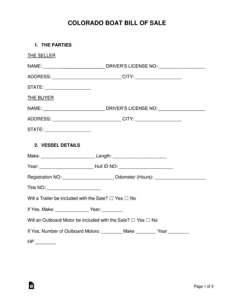 Free Colorado Boat Bill of Sale Form Word PDF