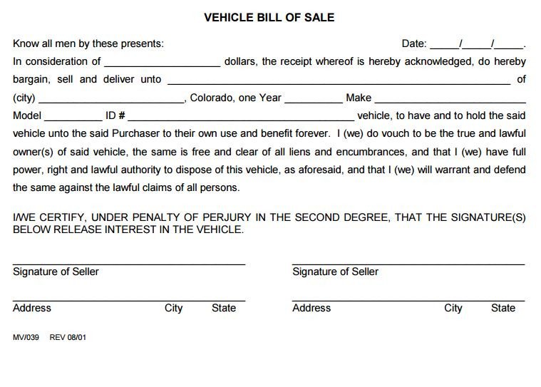 Free Colorado Vehicle Bill of Sale Form 2