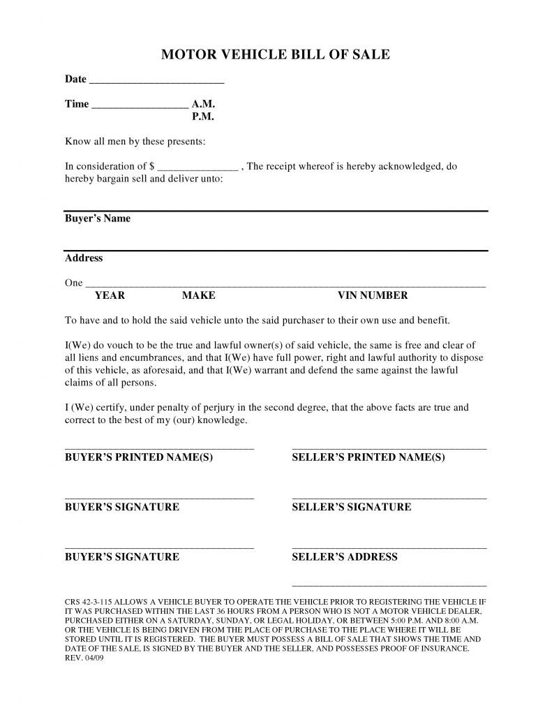 Free Colorado Vehicle Bill of Sale Form PDF