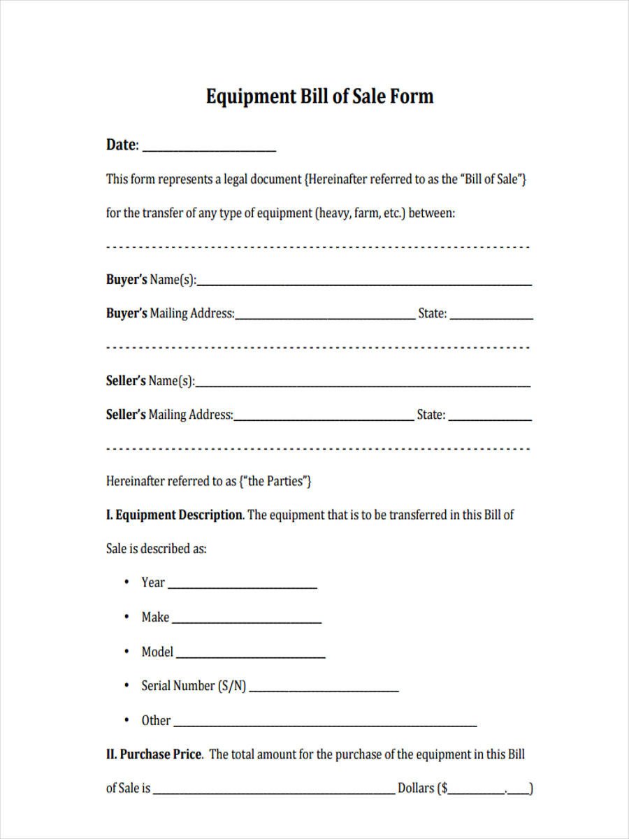 Equipment Bill of Sale Form 6 Free Documents in Word PDF