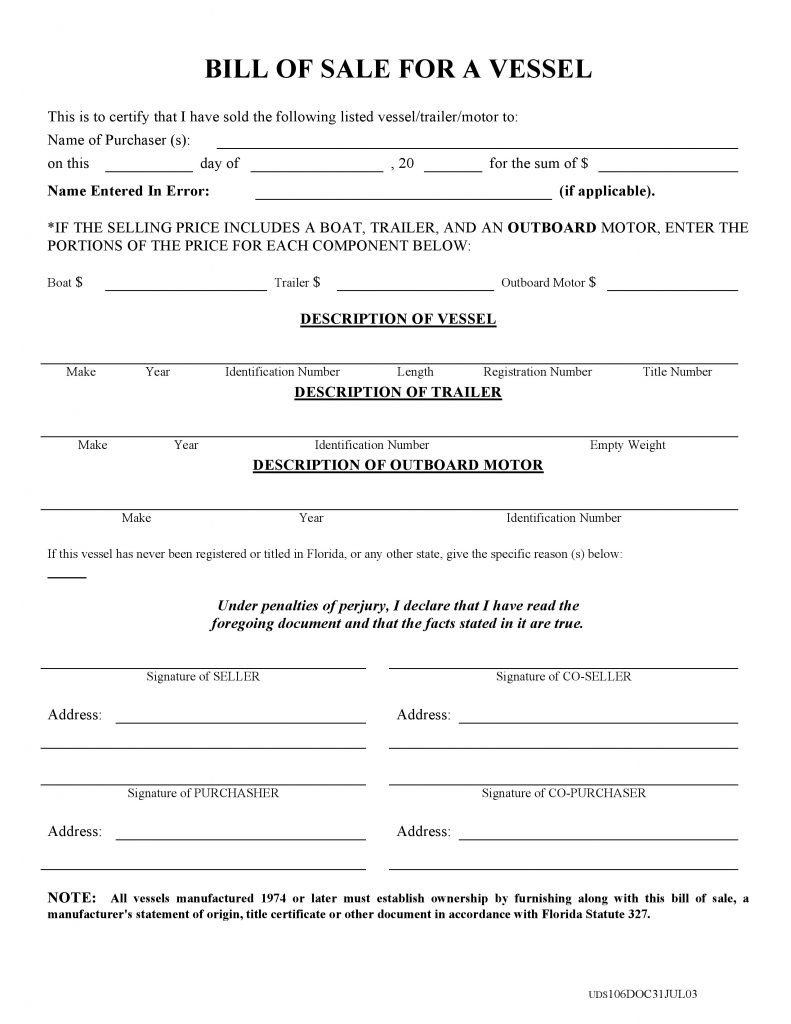 Free Florida Boat Bill of Sale Form PDF