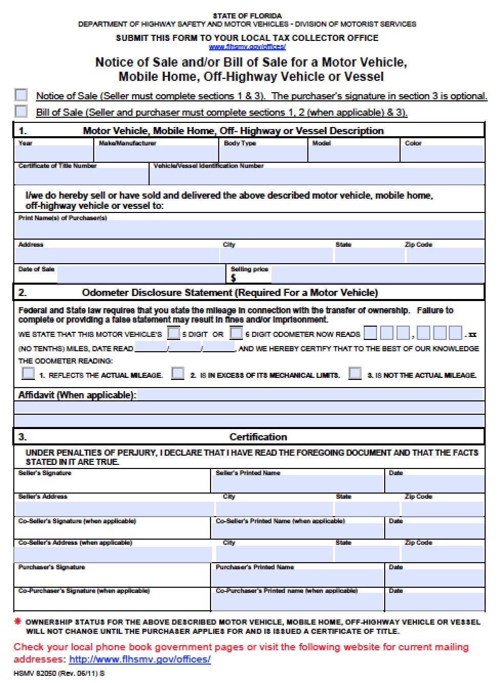 Free Florida DMV Vehicle Bill of Sale Form PDF