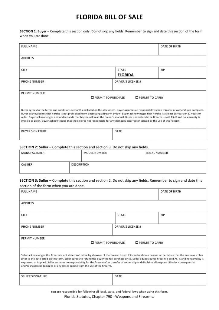Free Florida Firearm Bill of Sale Form PDF