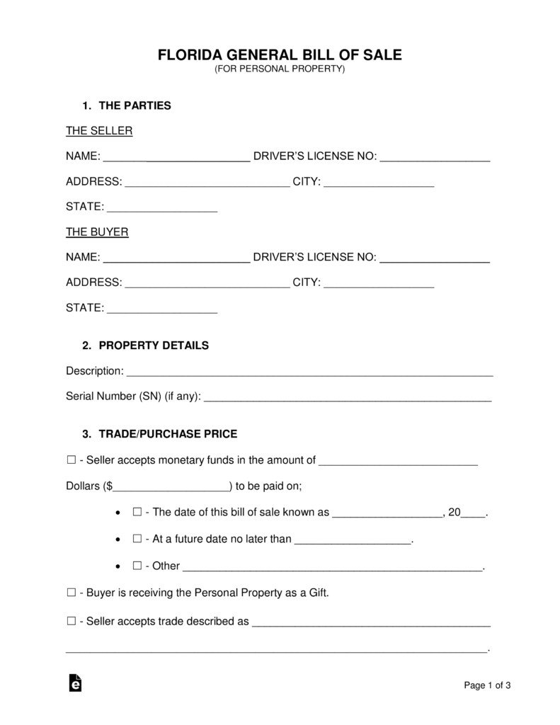 Free Florida General Bill of Sale Form Word