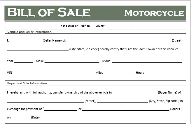 Free Florida Motorcycle Bill of Sale Template f Road