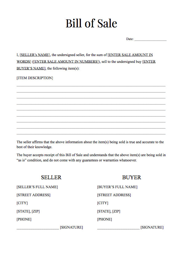 Free Bill of Sale Form Template