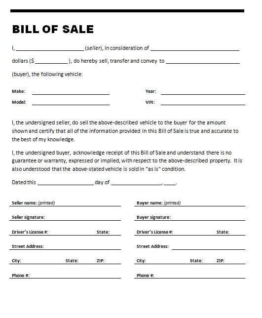Free Printable Bill of Sale Templates Form GENERIC