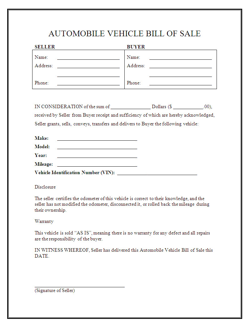 Free Printable Vehicle Bill of Sale Template Form GENERIC