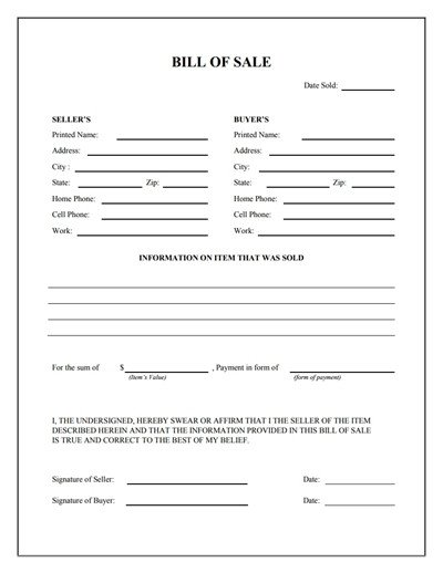 General Bill of Sale Form Free Download Create Edit