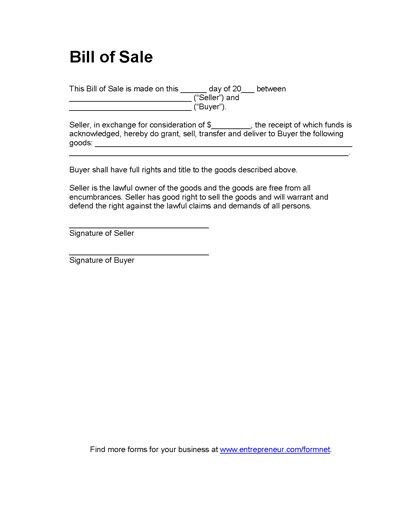 Printable Sample bill of sales template Form