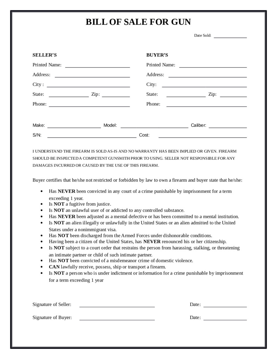 2019 Firearm Bill of Sale Form Fillable Printable PDF