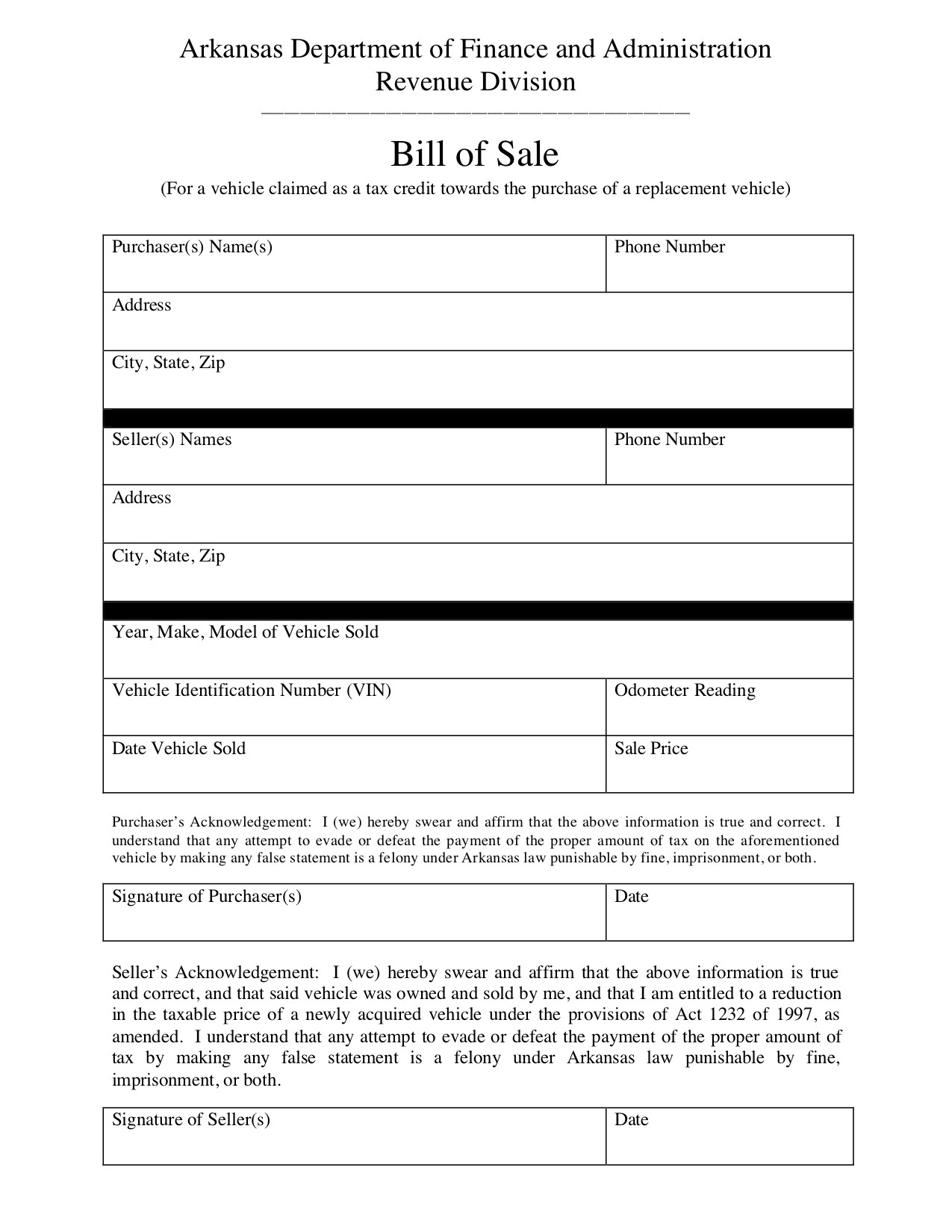 Free Arkansas Bill of Sale Form PDF Template