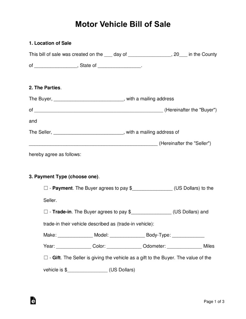 Free Motor Vehicle DMV Bill of Sale Form PDF