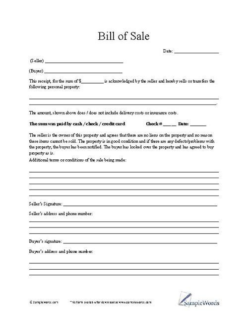 Bill of Sale Form Business Forms
