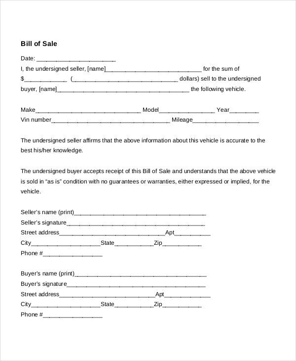 Free Bill of Sale Form Template Vehicle Car Auto DMV