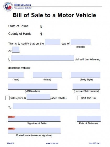 Free Harris County Texas Bill of Sale Form PDF