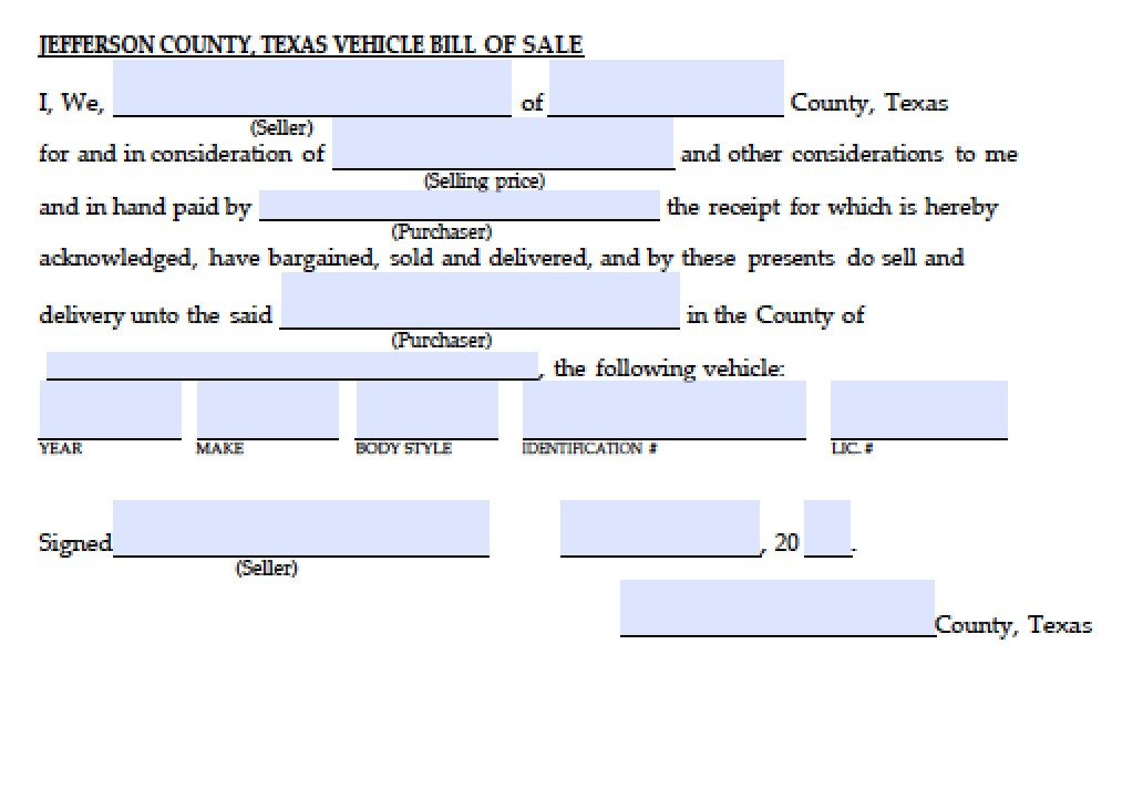 Free Jefferson County Texas Vehicle Bill of Sale Form